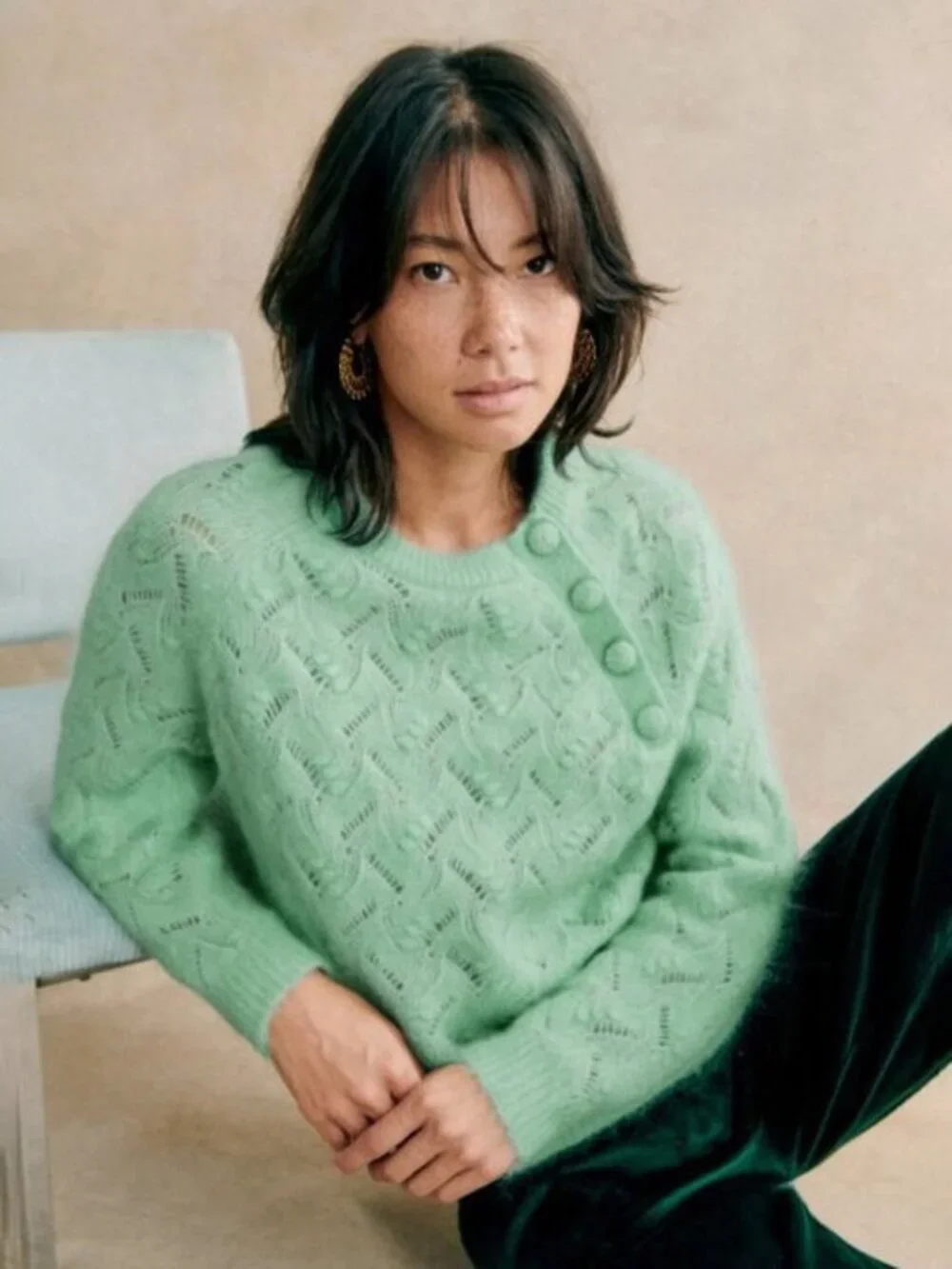 EUC Sezane Poppy Mohair Wool Fancy Knit Sweater Mint Green XS